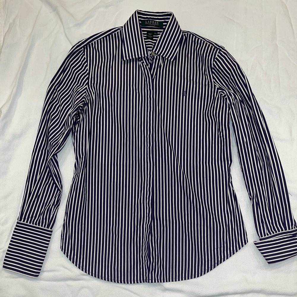 Ralph Lauren Petites Women's Tapered Violet and White Striped Button Down Shirt